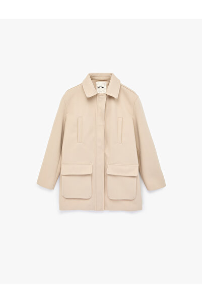 Koton Long Sleeve Pocketed Zippered Stand Collar Oversize Cashmere Coat