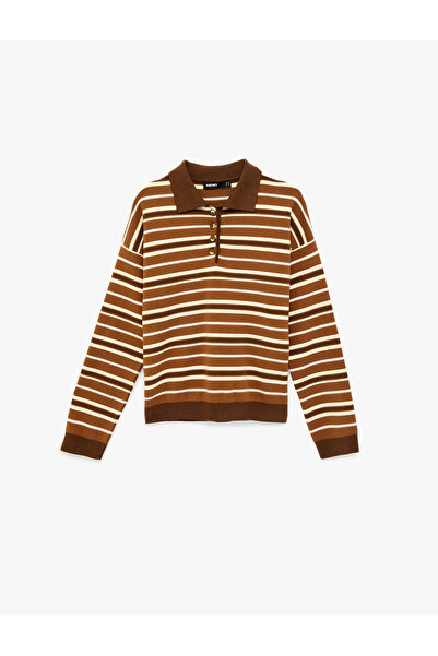 Koton Long Sleeve Half Button Detailed Polo Collar Striped Knit Sweater
