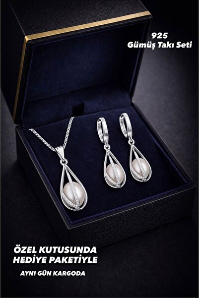 BEREN KILIÇ 925 Ayar Gümüş İnci Detaylı Damla Model Kolye Küpe Takı Seti