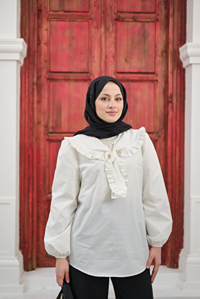 LOCCO Women's Basic Shirt with Ruffled Collar White