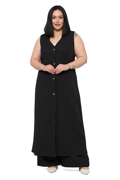 DISENTIS MODEST Plus Size Maxi Vest Pants Black Two-Piece Set