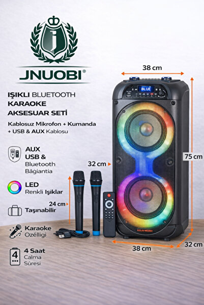 JNUOBI KOLAV M2802 Çift 8" Subwoofer RGB Işıklı Karaoke Bluetooth Parti Hopar...
