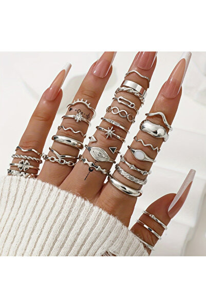 Ervalina 5'li Taşlı Figürlü Yüzükler (Karışık Gönderim)-Gümüş Rengi