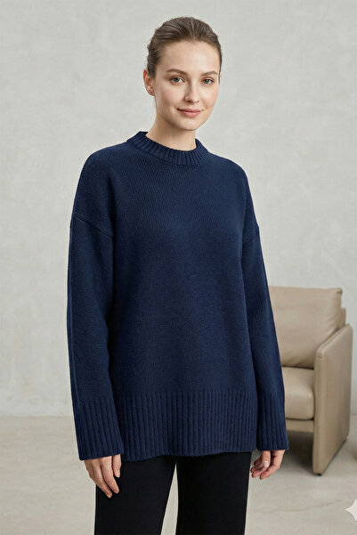 Kirazgym Women's Crew Neck Skirt Ribbed Loose Knit Sweater - Navy Blue