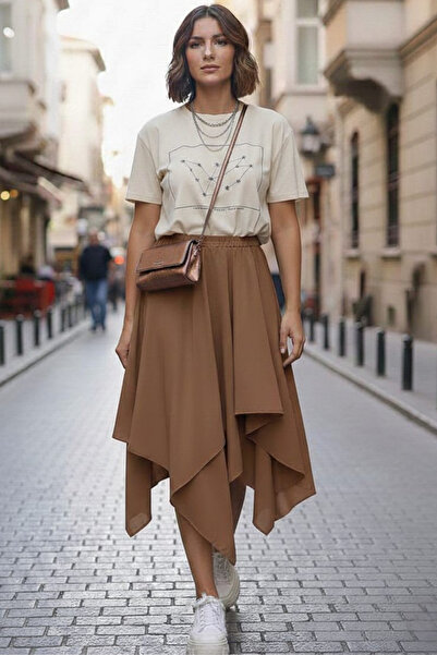 EN WOMAN Women's Asymmetrical Banana Crepe Double Layer Comfortable Fit Skirt...