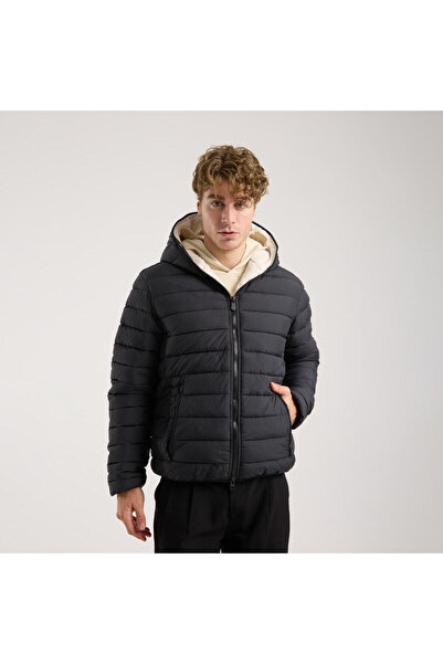 SAVE THE DUCK Erkek Suni Kürklü Kapüşonlu Mont Siyah - Bertie