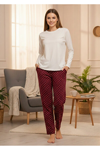Moda Hour Women's Burgundy White Polka Dot Women's Pajama Bottoms