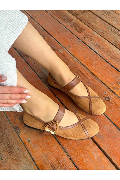 ERVANIN BUTİĞİ Taba Süet (Love) Kalp Toka Detay Kadın Babet