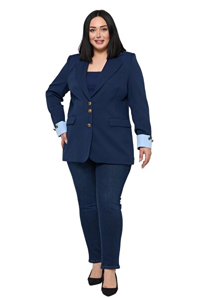 DISENTIS MODEST Plus Size Navy Blue Blazer Jacket with Fabric Cuffs and Butto...