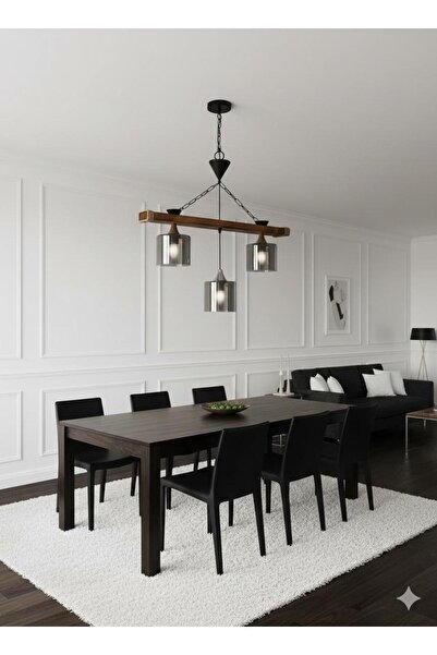 BİAVİZE AHŞAP KASA FÜME CAMLI MODERN OTANTİK 3 LÜ AVİZE