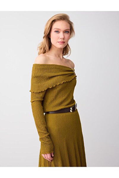 Jimmy Key Масленозелена блуза с тясна кройка, драпиран яка и детайл с колан