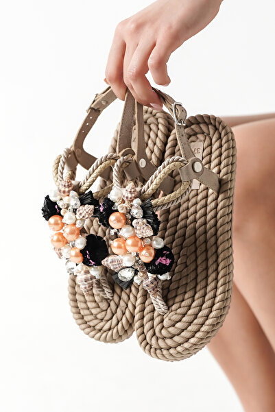 TOPUK Alba Women's Sea Shell Black Rose Detailed Sandals