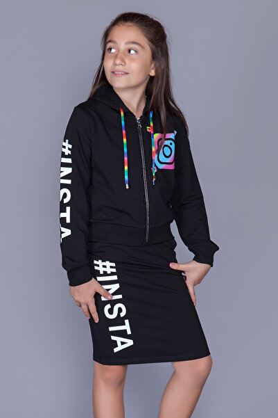 Toontoy Girl's 2-Piece Set Printed Hooded Zipper Sweatshirt & Basic Pencil Sk...