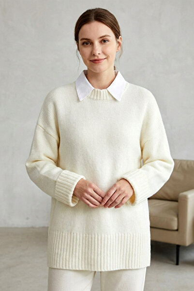 Kirazgym Women's Crew Neck Skirt Ribbed Loose Knit Sweater - White