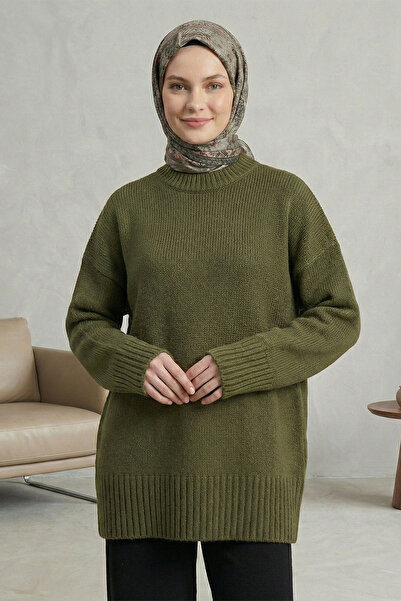 Kirazgym Women's Crew Neck Skirt Ribbed Loose Knit Sweater - Khaki