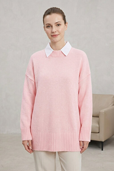 Kirazgym Women's Crew Neck Skirt Ribbed Loose Knit Sweater - Powder