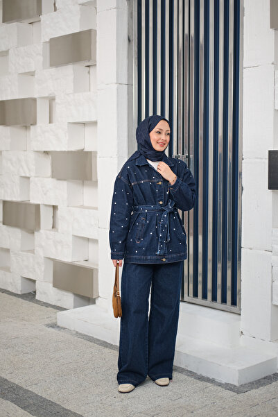 LOCCO Women's Stone Detailed Denim Suit Navy Blue