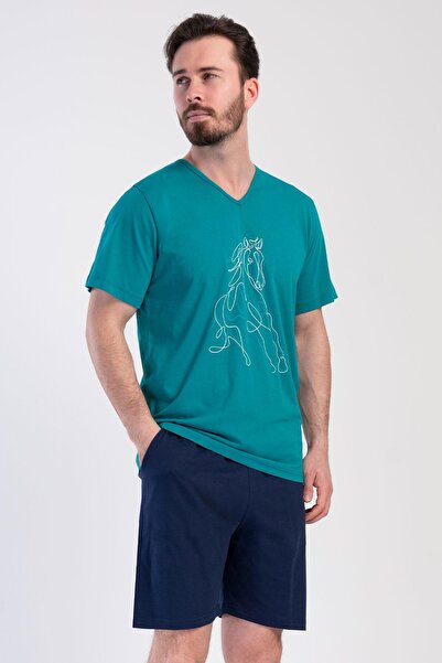 VİENETTA Men's Large Size V-Neck Short Sleeve Green Combed Cotton Pajama Set ...