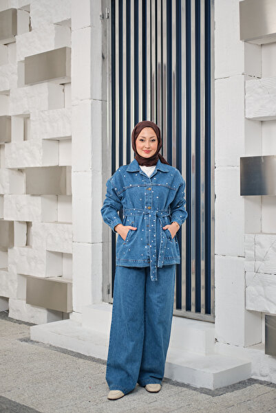 LOCCO Women's Stone Detailed Denim Set Ice Blue