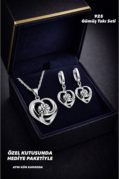 BEREN KILIÇ 925 Ayar Gümüş Modern Kalp Tasarım Pırlanta Görünümlü Kolye Küpe ...