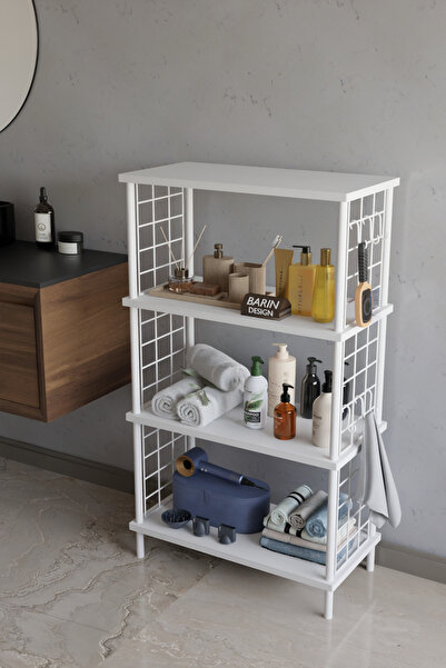 BARIN DESIGN 4 Katlı Çevir Kur Beyaz Metal Telli Banyo Rafı |Çok Amaçlı Düzen...