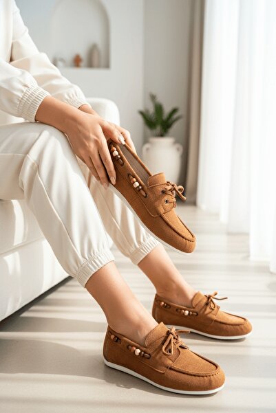 DURUNUN BUTİĞİ Laisla Brown Suede Beaded Detailed Ballerina Shoes