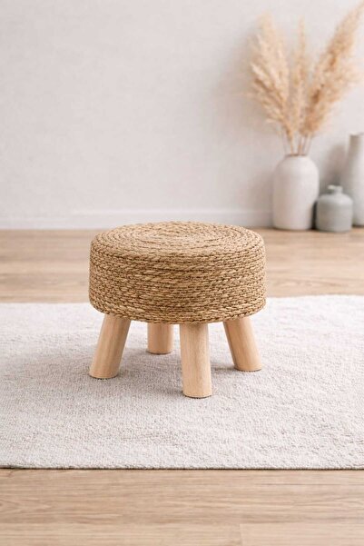 CNRWOOD Doğal Hasır Jüt Sarım Ahşap Ayaklı Bohem Dekoratif Tabure – Küçük Boy
