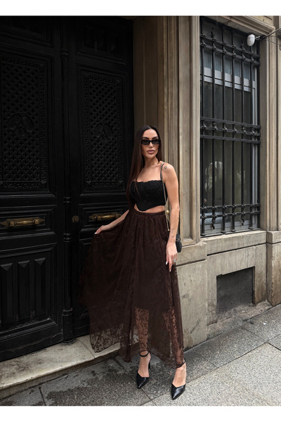 LB Laluna Butik Women's Long Lace Skirt with Elastic Waist