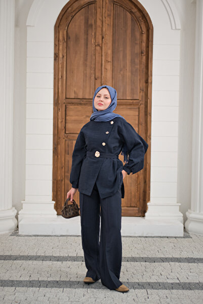 LOCCO Women's Gold Belted Button Detail Suit Navy Blue