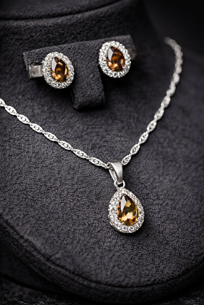 OSMANLI GÜMÜŞ Kadın Gümüş Kolye Küpe Set - Minimal Damla Model Zultanit Taşlı...