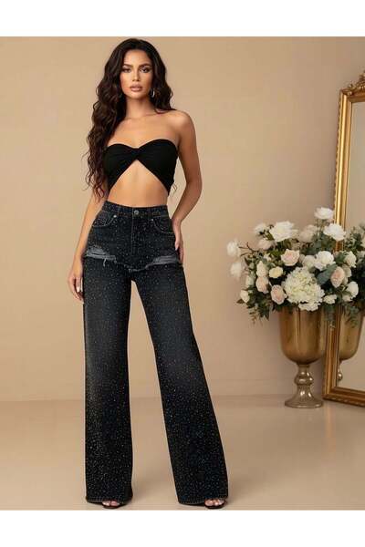 KATYDEA STORE MARYA Wide Leg Jeans with Stamped Crystals