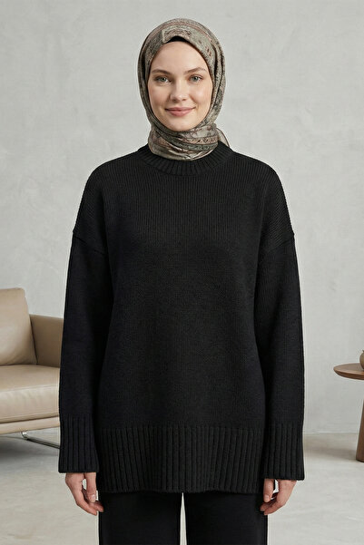 Kirazgym Women's Crew Neck Skirt Ribbed Loose Knit Sweater - Black