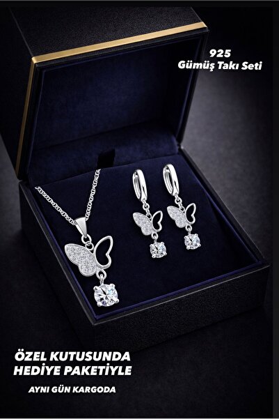 BEREN KILIÇ 925 Ayar Gümüş Baget Taşlı Kelebek Tasarım Kolye Küpe Seti