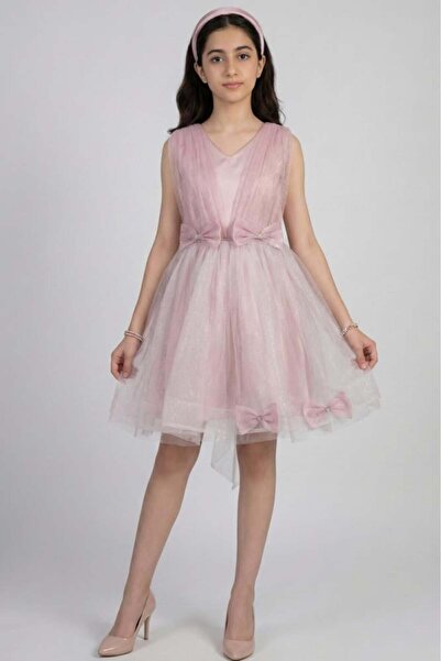 Alesaei-mondo tondo فستان بناتي للسهرات باللون الوردي والبيج مزين بزهور S01257