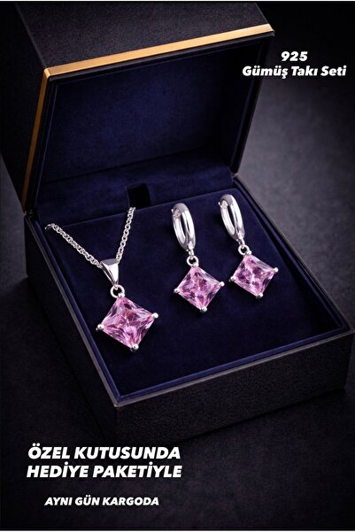 BEREN KILIÇ 925 Ayar Gümüş Pembe Kare Kesim Taşlı Kolye Küpe Takı Seti