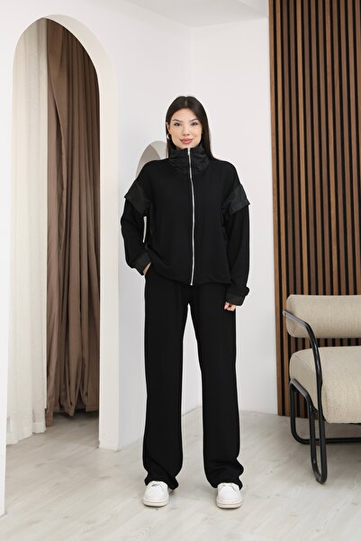 İgnites Black Parachute Fabric Detailed Cardigan and Pants Double Modal Set