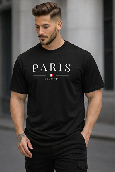 DEEPSENCE Tricou negru, 100% bumbac, cu croială confortabilă, PARIS DESIGN