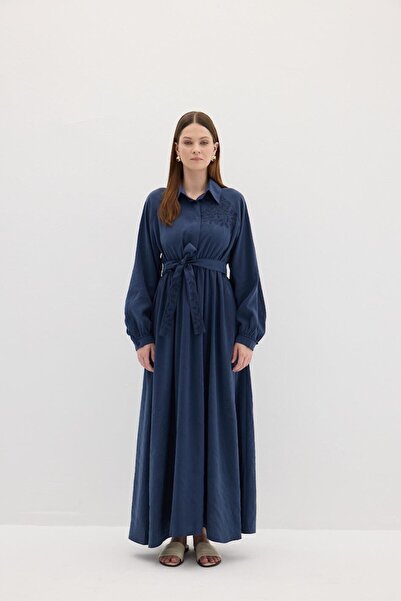 Merve Gültekin Embroidered Modal Dress Navy Blue