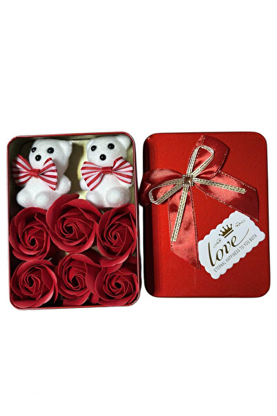 Pofika Sevgililer Gününe Özel Kalpli Kırmızı Teneke Kutuda Ayıcıklı Kırmızı H...