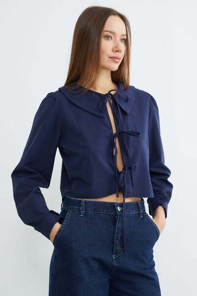 Fulla Moda Front Tie Baby Collar Crop Blouse