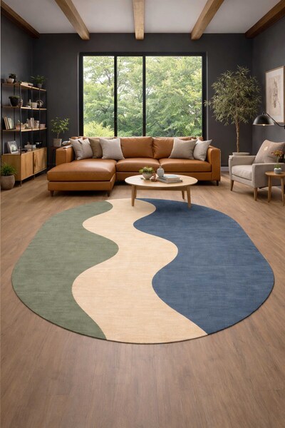 Qatalina Premium Dalga Desenli Modern Halı Yeşil Bej Lacivert Kaymaz Taban Yı...