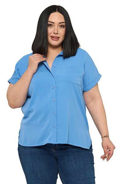 DISENTIS MODEST Plus Size Single Pocket Short Double Sleeve Indigo Shirt
