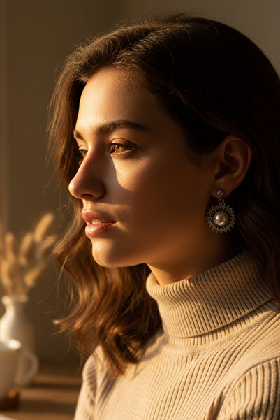 takimaster Pearl Detailed Sun Figured Dangle Steel Earrings