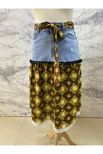 burçin orhon Tek Adet – 28 Beden Jean Detaylı Desenli Kadın Etek | Özel Tasarım