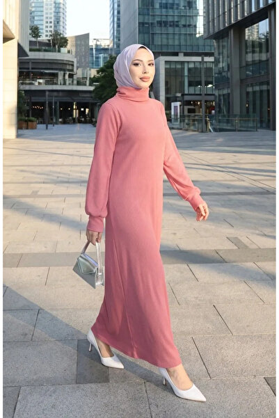 sefamerve High-Neck Ribbed Hijab Dress 2188-05 Powder