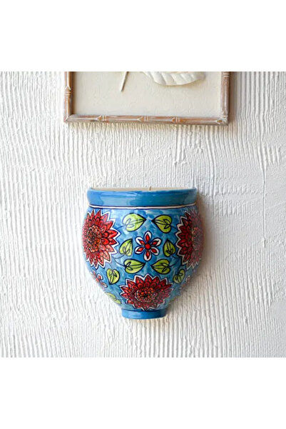Generic Ceramic Wall Plant Holder in Blue with Red Decorations