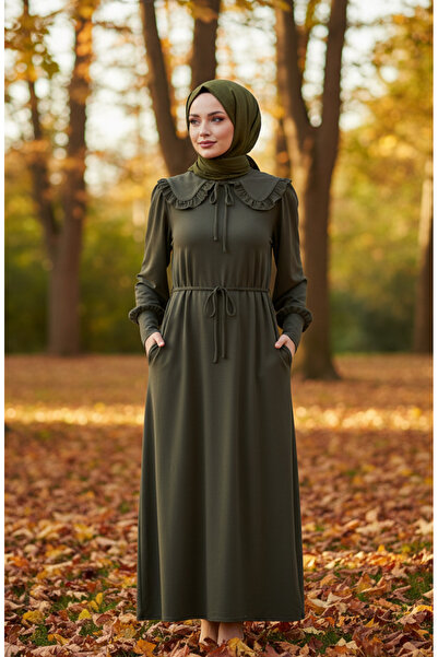 sefamerve Ruffle Collar Lace-Up Hijab Dress 2208-01 Khaki