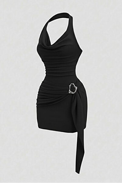 Nika Fashion Women's Stand Collar Buckle Detailed Belted Gathering Mini Dress