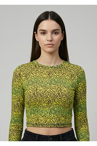 NEW JOURNAL Women's Oil Green Crew Neck Patterned Crop Blouse Nj74