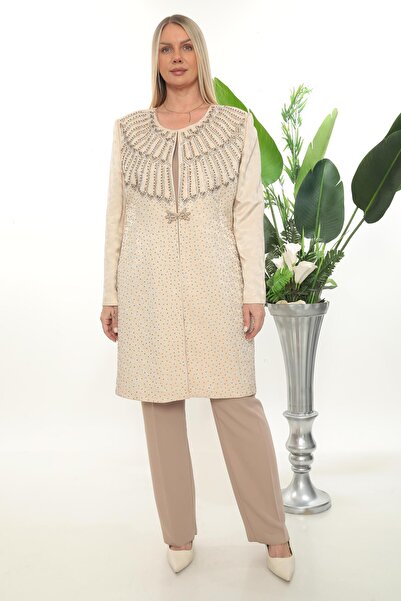 MİSS DİAMOND Jacket with Stones Plus Size Beige Three-Piece Pants Suit